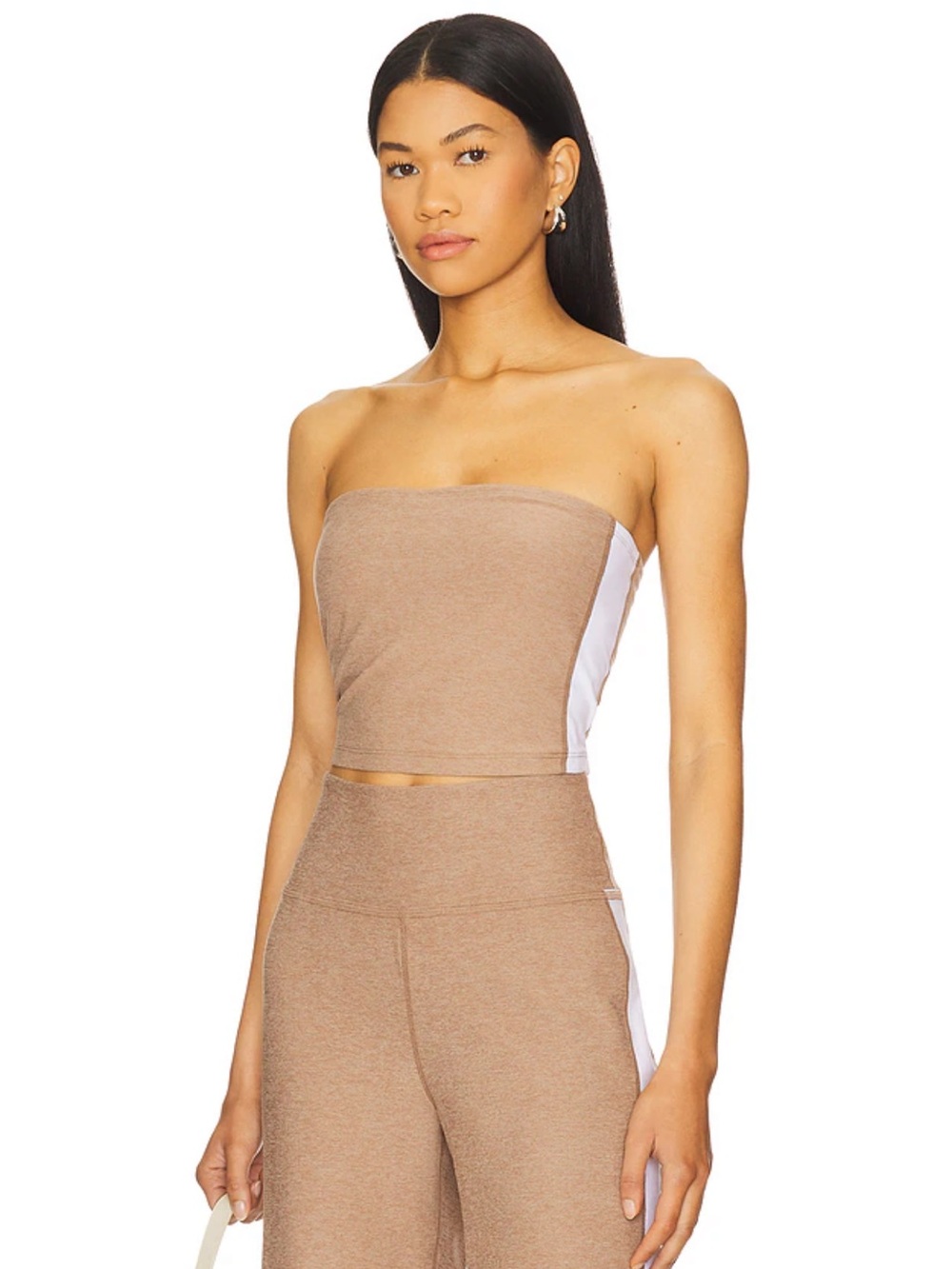 Beyond Yoga Spacedye Strapless Stripe Top in Desert Sand Heather & Cloud White M